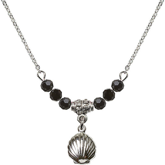 Sterling Silver Shell Birthstone Necklace with Jet Beads - 1260