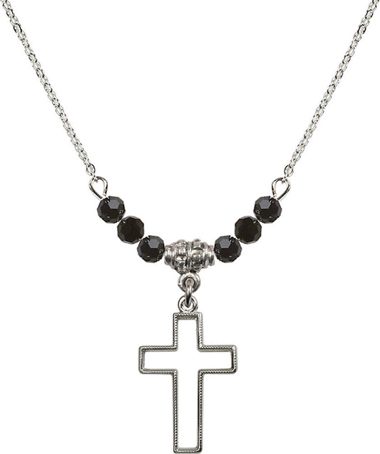 Sterling Silver Cross Birthstone Necklace with Jet Beads - 1708