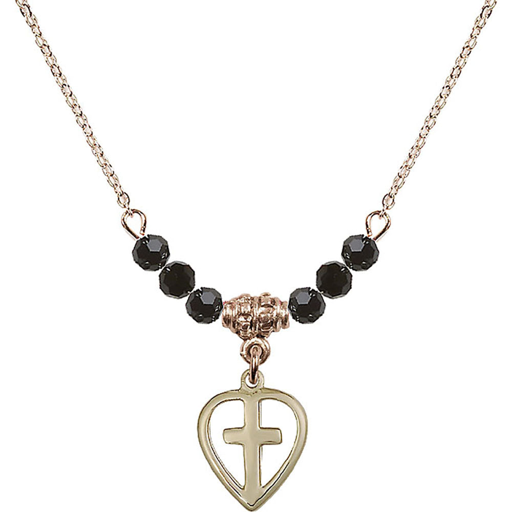 14kt Gold Filled Heart / Cross Birthstone Necklace with Jet Beads - 1709