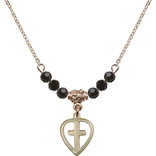 14kt Gold Filled Heart / Cross Birthstone Necklace with Jet Beads - 1709