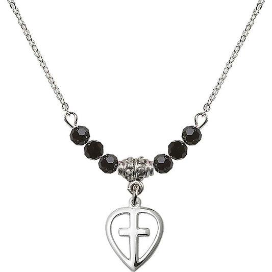 Sterling Silver Heart / Cross Birthstone Necklace with Jet Beads - 1709