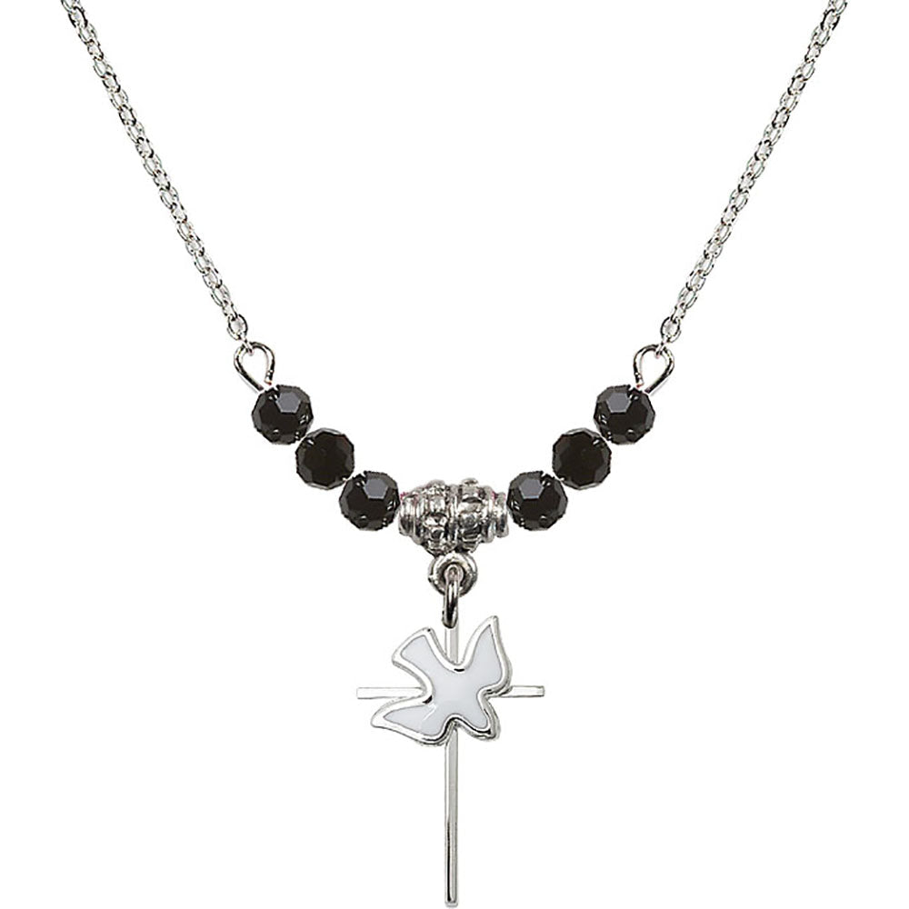 Sterling Silver Cross / Holy Spirit Birthstone Necklace with Jet Beads - 1812
