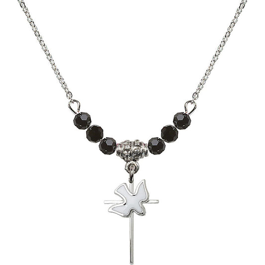 Sterling Silver Cross / Holy Spirit Birthstone Necklace with Jet Beads - 1812