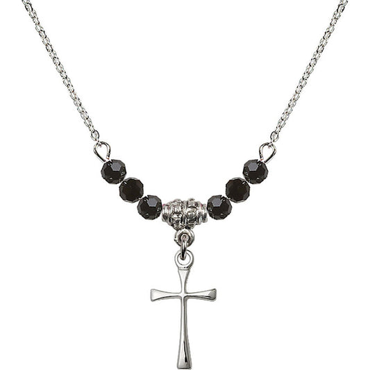 Sterling Silver Maltese Cross Birthstone Necklace with Jet Beads - 1872