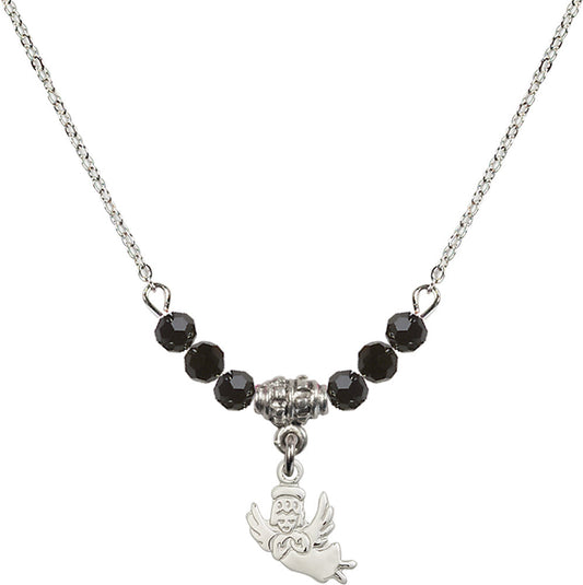 Sterling Silver Guardian Angel Birthstone Necklace with Jet Beads - 2128