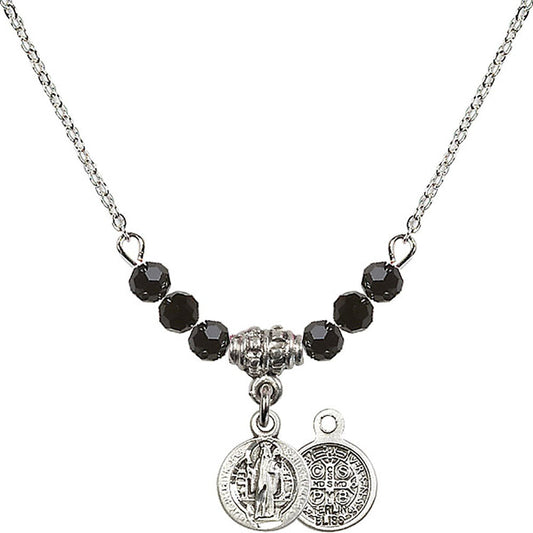 Sterling Silver Saint Benedict Birthstone Necklace with Jet Beads - 2341