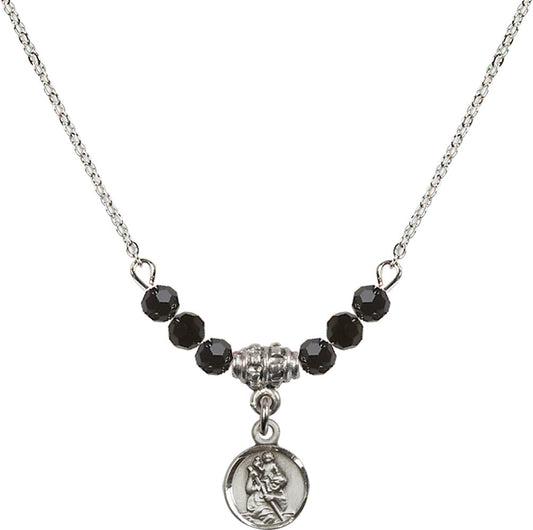 Sterling Silver Saint Christopher Birthstone Necklace with Jet Beads - 2343