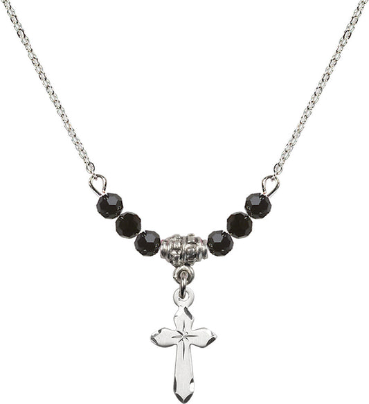Sterling Silver Cross Birthstone Necklace with Jet Beads - 2529