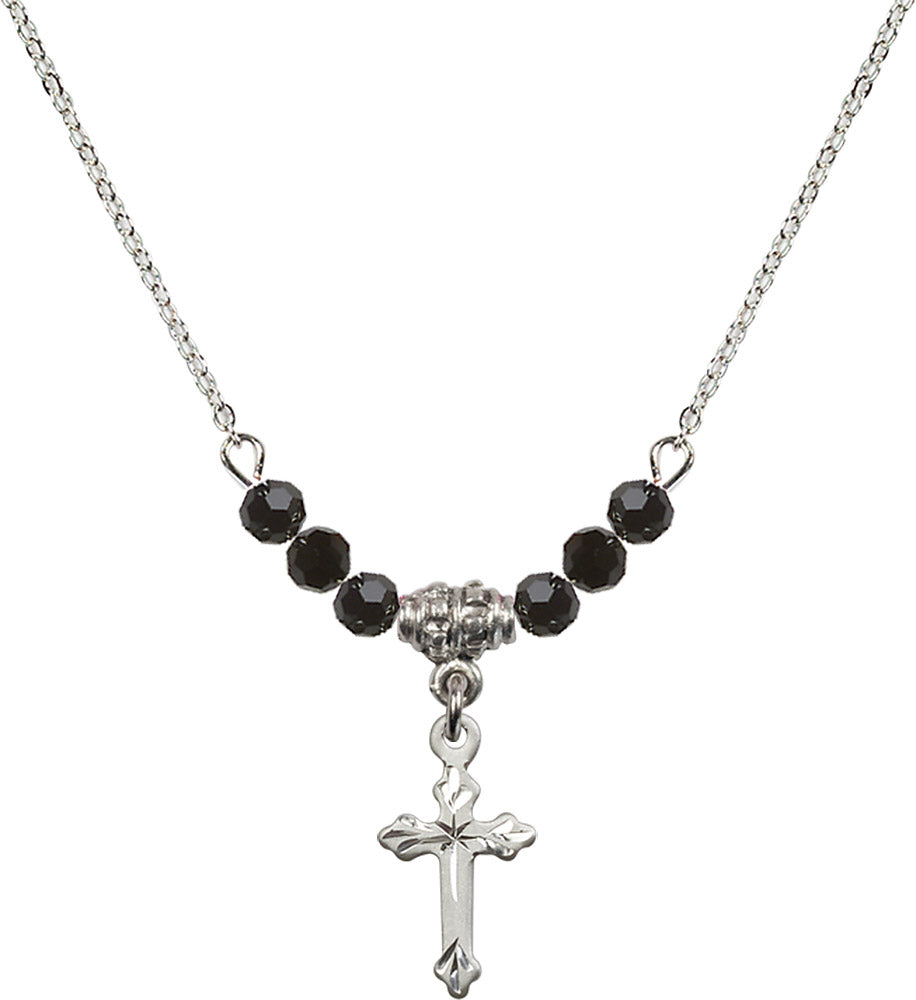 Sterling Silver Cross Birthstone Necklace with Jet Beads - 2531