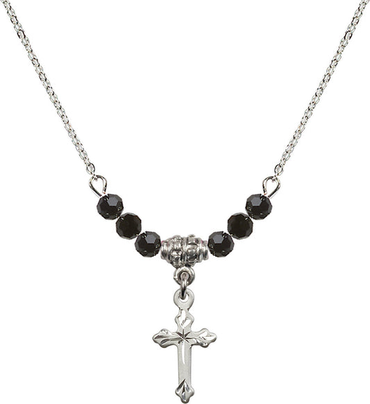 Sterling Silver Cross Birthstone Necklace with Jet Beads - 2531