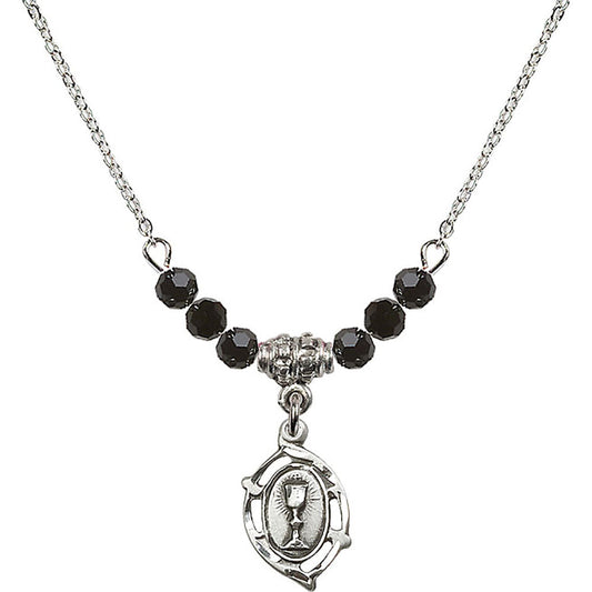 Sterling Silver Communion Birthstone Necklace with Jet Beads - 3019