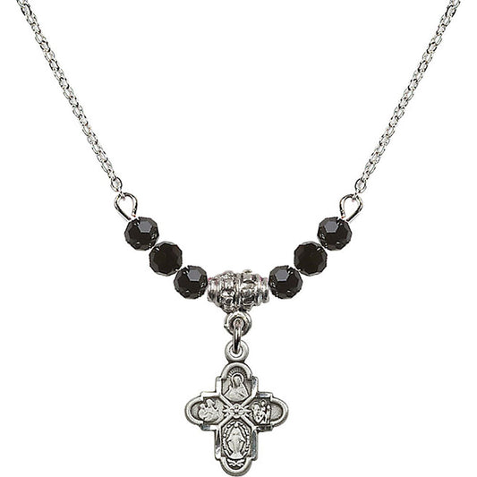 Sterling Silver 4-Way Birthstone Necklace with Jet Beads - 3143