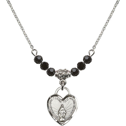 Sterling Silver Miraculous Heart Birthstone Necklace with Jet Beads - 3401