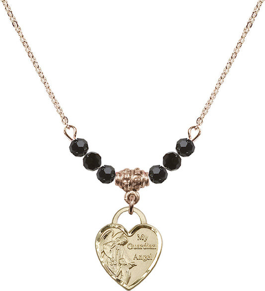 14kt Gold Filled Guardian Angel Heart Birthstone Necklace with Jet Beads - 3402