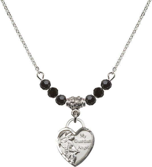 Sterling Silver Guardian Angel Heart Birthstone Necklace with Jet Beads - 3402
