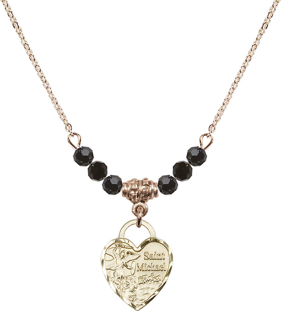 14kt Gold Filled Saint Michael Heart Birthstone Necklace with Jet Beads - 3403