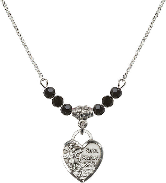 Sterling Silver Saint Michael Heart Birthstone Necklace with Jet Beads - 3403