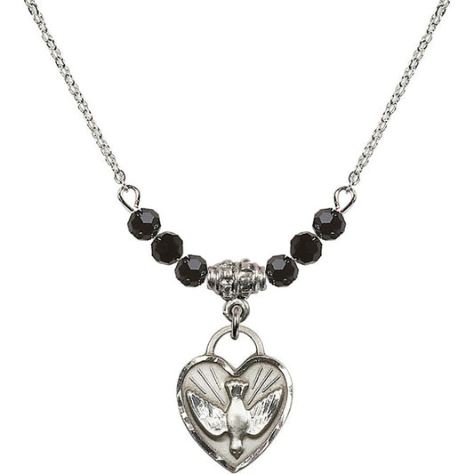 Sterling Silver Confirmation Heart Birthstone Necklace with Jet Beads - 3405
