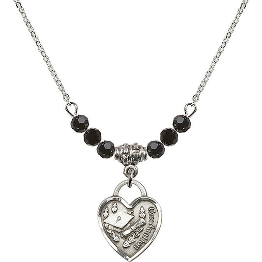 Sterling Silver Graduation Heart Birthstone Necklace with Jet Beads - 3406