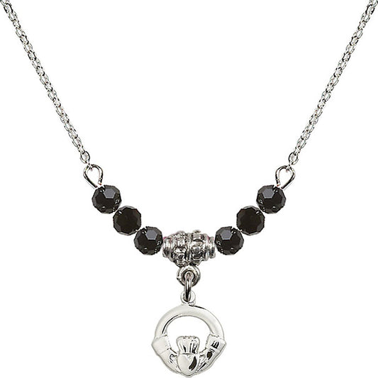 Sterling Silver Claddagh Birthstone Necklace with Jet Beads - 4113