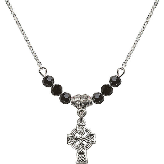 Sterling Silver Celtic Cross Birthstone Necklace with Jet Beads - 4133