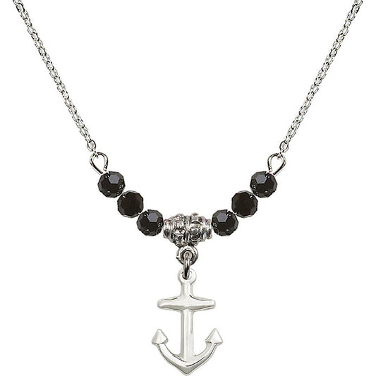 Sterling Silver Anchor Birthstone Necklace with Jet Beads - 4158