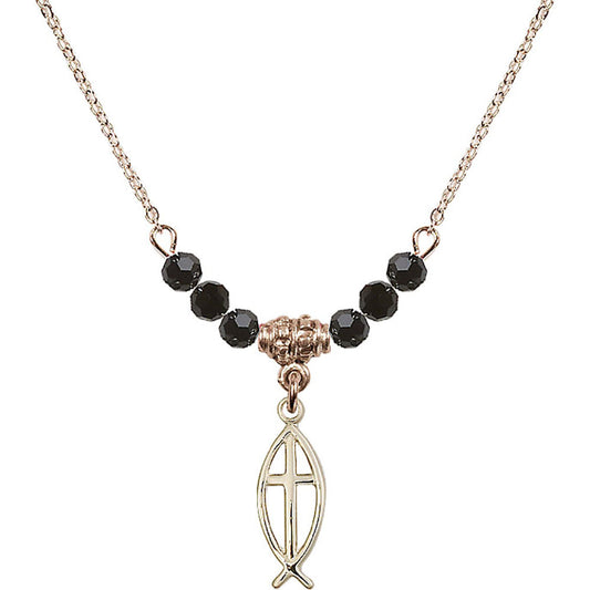 14kt Gold Filled Fish / Cross Birthstone Necklace with Jet Beads - 4251
