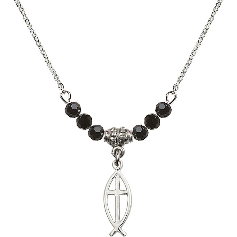 Sterling Silver Fish / Cross Birthstone Necklace with Jet Beads - 4251