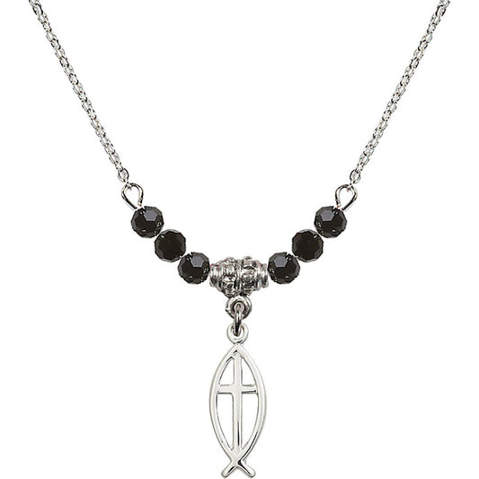 Sterling Silver Fish / Cross Birthstone Necklace with Jet Beads - 4251