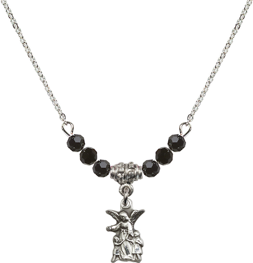Sterling Silver Guardian Angel Birthstone Necklace with Jet Beads - 4253