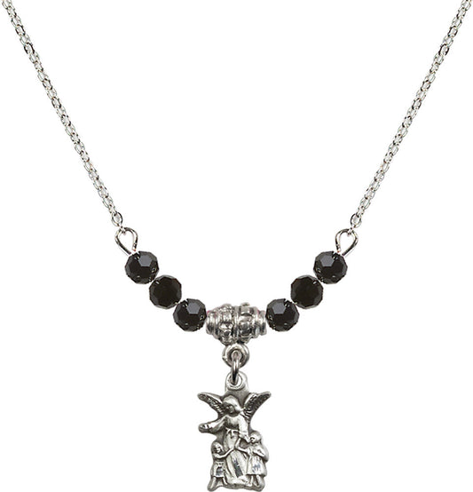 Sterling Silver Guardian Angel Birthstone Necklace with Jet Beads - 4253