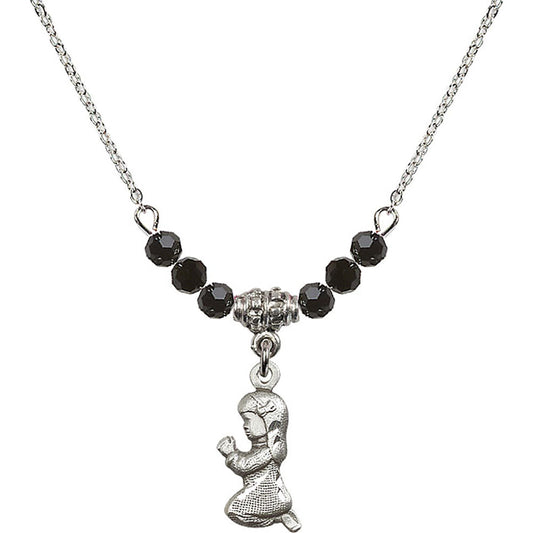 Sterling Silver Praying Girl Birthstone Necklace with Jet Beads - 4262