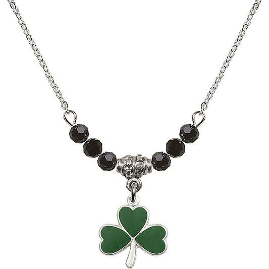 Sterling Silver Shamrock Birthstone Necklace with Jet Beads - 5243