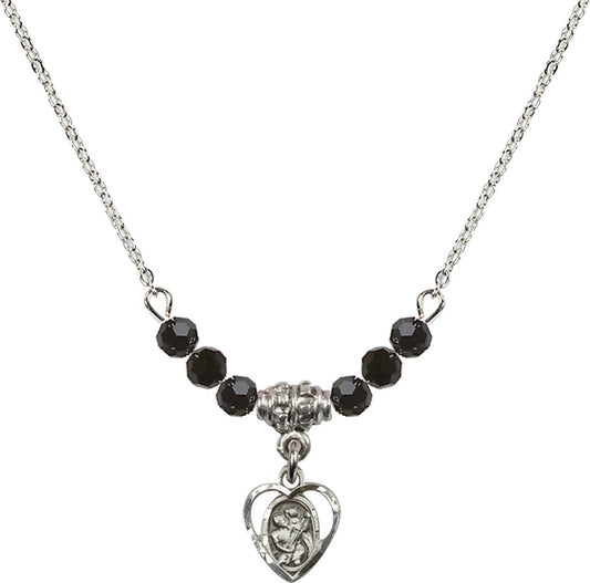 Sterling Silver Saint Christopher Birthstone Necklace with Jet Beads - 5403
