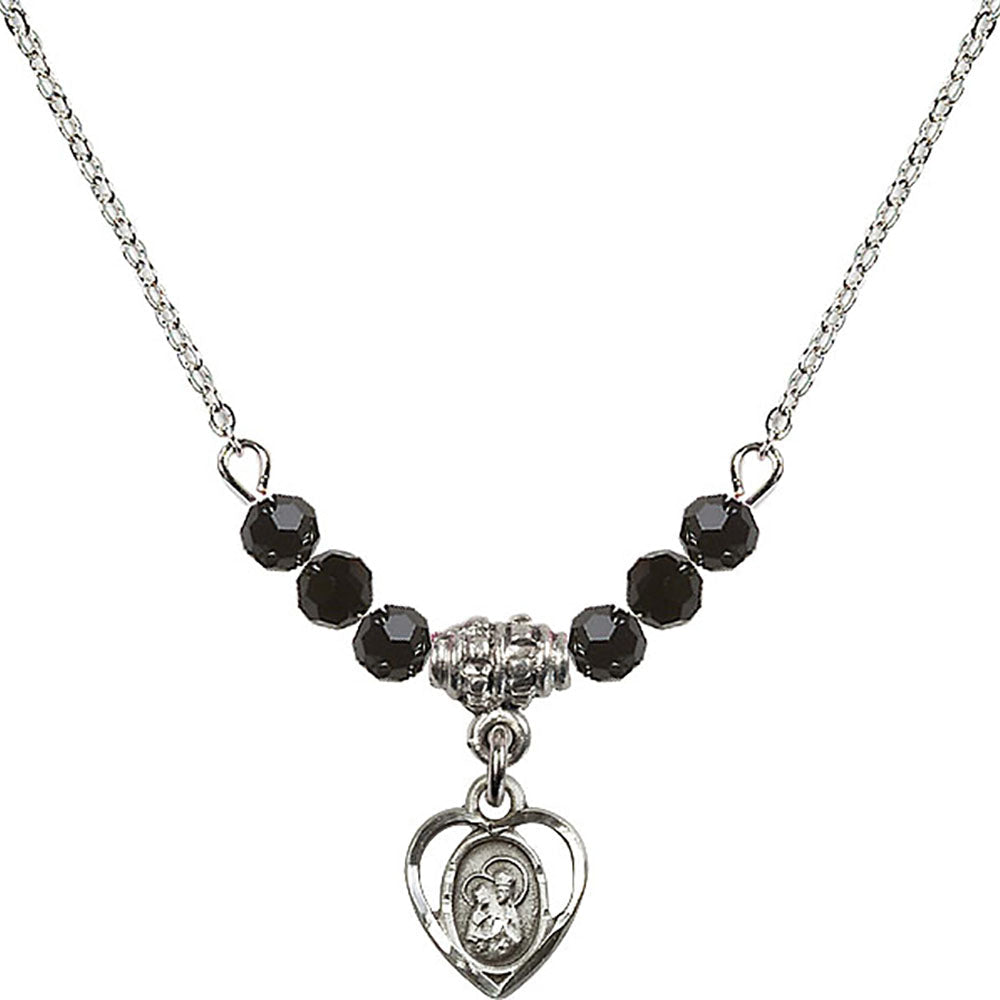 Sterling Silver Saint Ann Birthstone Necklace with Jet Beads - 5414