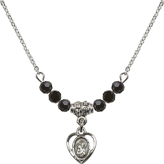 Sterling Silver Saint Ann Birthstone Necklace with Jet Beads - 5414