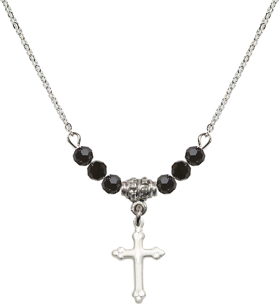 Sterling Silver Cross Birthstone Necklace with Jet Beads - 5415