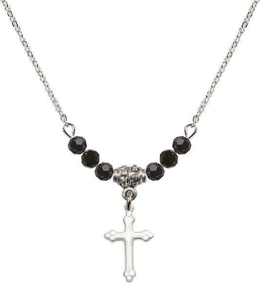 Sterling Silver Cross Birthstone Necklace with Jet Beads - 5415