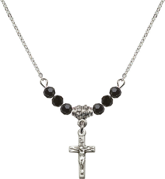 Sterling Silver Crucifix Birthstone Necklace with Jet Beads - 5417