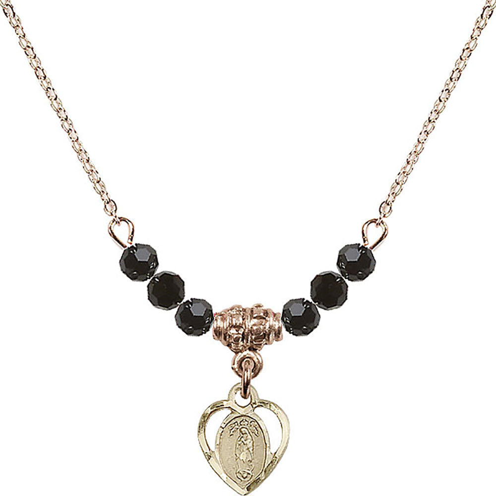 14kt Gold Filled Our Lady of Guadalupe Birthstone Necklace with Jet Beads - 5422