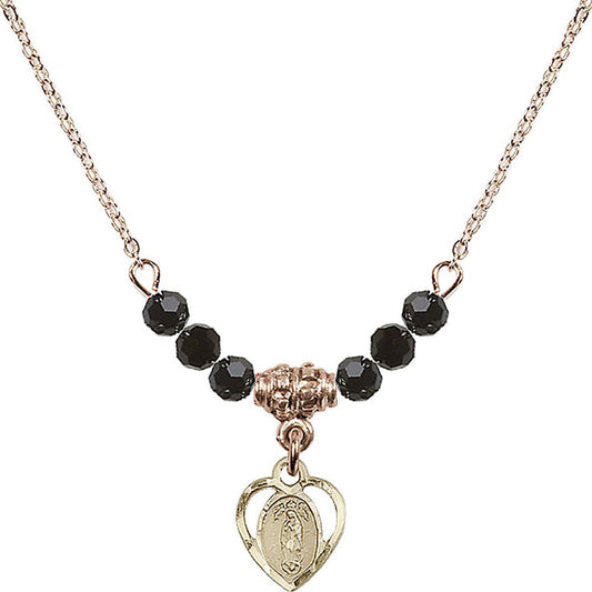 14kt Gold Filled Our Lady of Guadalupe Birthstone Necklace with Jet Beads - 5422