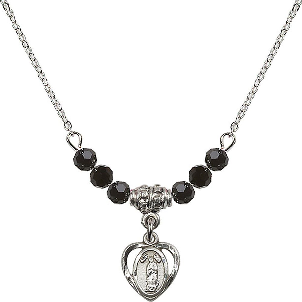 Sterling Silver Our Lady of Guadalupe Birthstone Necklace with Jet Beads - 5422