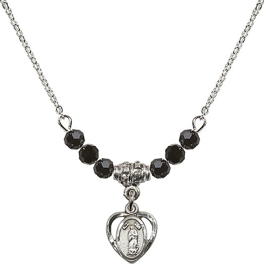 Sterling Silver Our Lady of Guadalupe Birthstone Necklace with Jet Beads - 5422