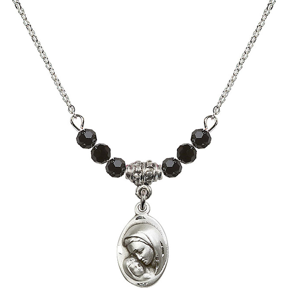 Sterling Silver Madonna & Child Birthstone Necklace with Jet Beads - 5447