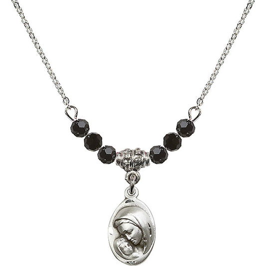 Sterling Silver Madonna & Child Birthstone Necklace with Jet Beads - 5447