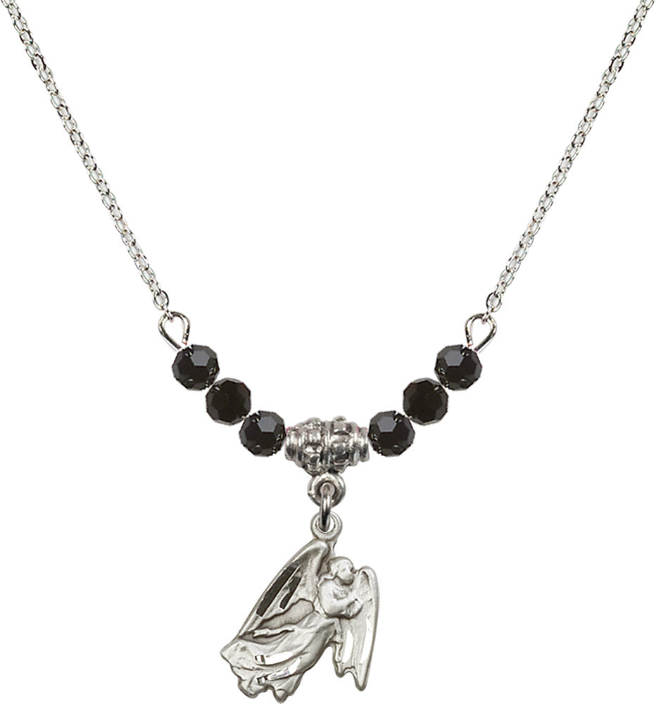 Sterling Silver Guardian Angel Birthstone Necklace with Jet Beads - 5642