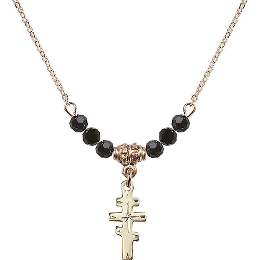 14kt Gold Filled Greek Orthadox Cross Birthstone Necklace with Jet Beads - 5654