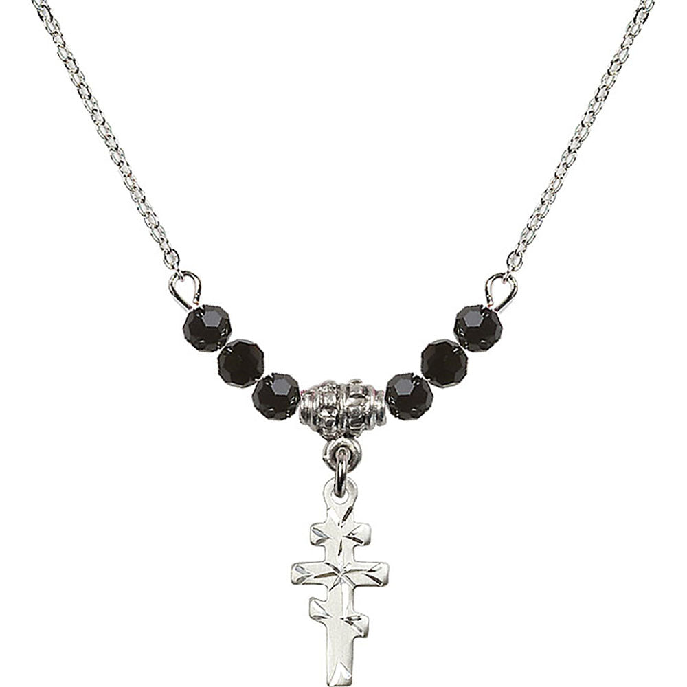 Sterling Silver Greek Orthadox Cross Birthstone Necklace with Jet Beads - 5654