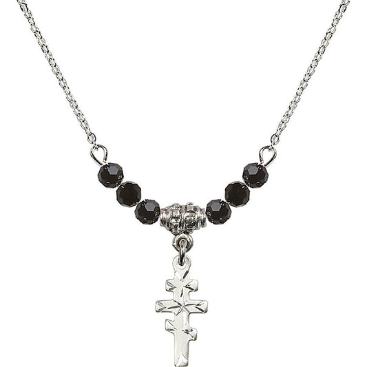 Sterling Silver Greek Orthadox Cross Birthstone Necklace with Jet Beads - 5654