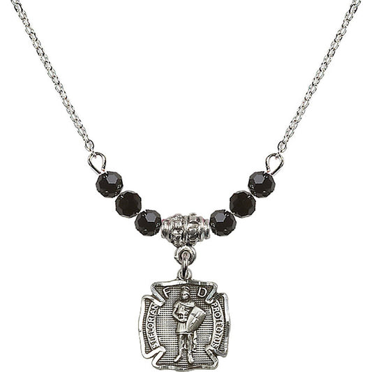 Sterling Silver Saint Florian Birthstone Necklace with Jet Beads - 5686